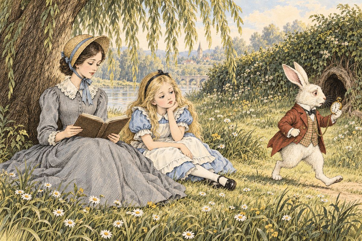 Alice was growing very tired of sitting on the bank beside her sister, whose book had no pictures or conversations in it. She was drowsily wondering about making a daisy-chain when a White Rabbit with pink eyes ran close by, took a watch out of his waistcoat-pocket and cried, "Oh dear! Oh dear! I shall be late!"