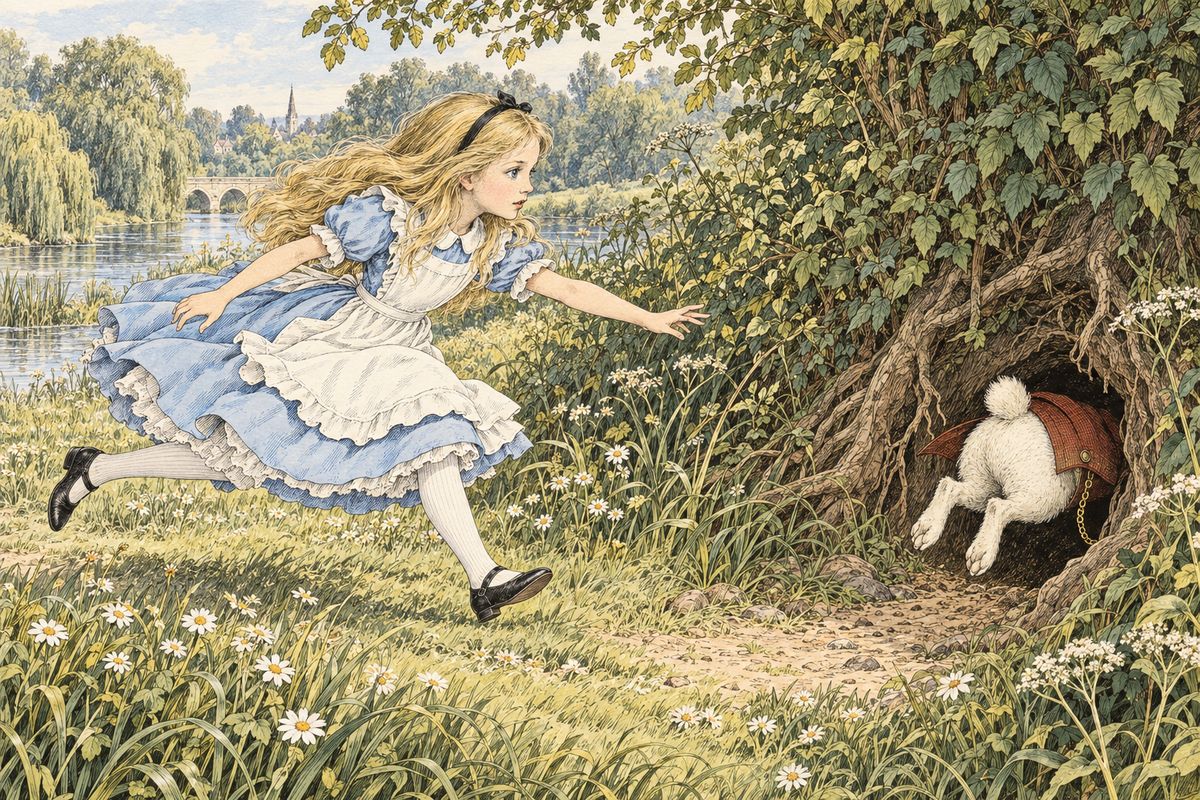 Alice had never seen a rabbit with a waistcoat-pocket, or a watch to take out of it! Burning with curiosity, she ran across the field after him, just in time to see him pop down a large rabbit-hole under the hedge. In another moment down went Alice after him, never once considering how she would get out again.