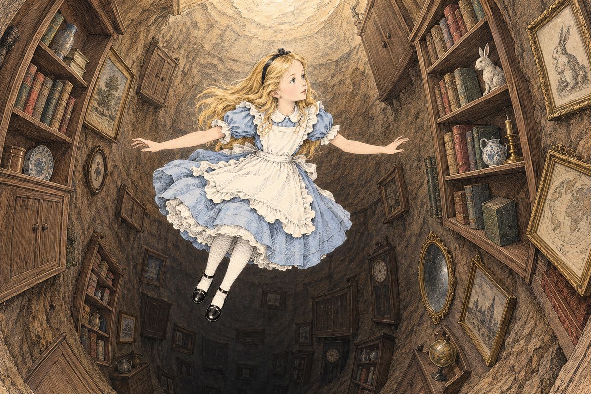 The tunnel dipped suddenly, and Alice fell down a very deep well, so slowly that she could look at the cupboards, shelves and maps she passed. Down, down, down she went, chattering about the centre of the earth, Latitude and Longitude, and people who walked upside down, before growing dreamy about her cat: "Dinah my dear! I wish you were down here with me!"
