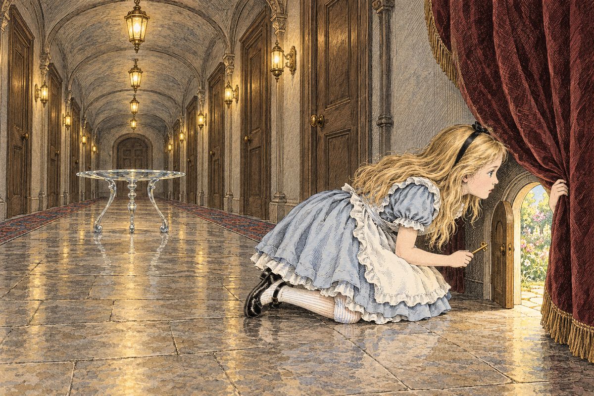 Thump! Alice landed unhurt on a heap of dry leaves, chased the Rabbit down a passage, and lost him in a long, low hall where every door was locked. On a glass table she found a tiny golden key; behind a low curtain it opened a little door, and she knelt to peep at the loveliest garden you ever saw.