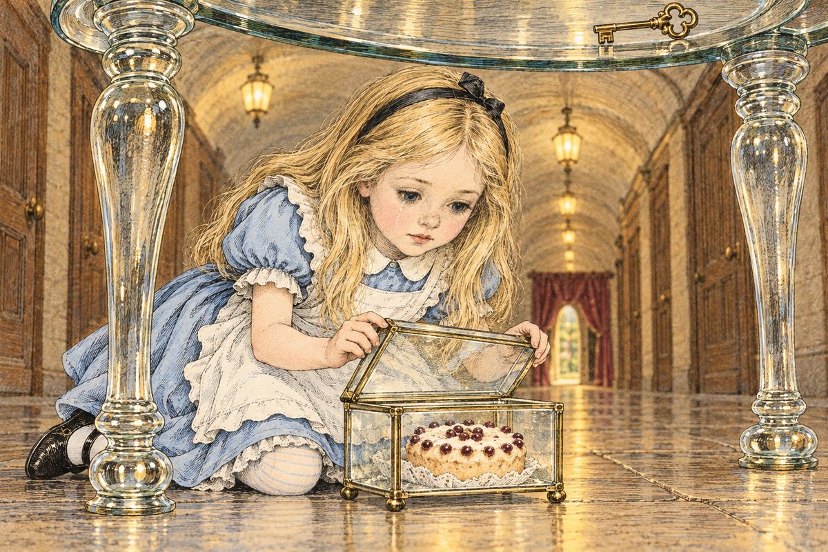 A bottle labelled DRINK ME appeared on the table, and after drinking it Alice shrank to only ten inches high, but she had left the golden key up on the glass tabletop, far out of reach. After a good cry, she found a little glass box under the table holding a very small cake with EAT ME marked on it in currants.