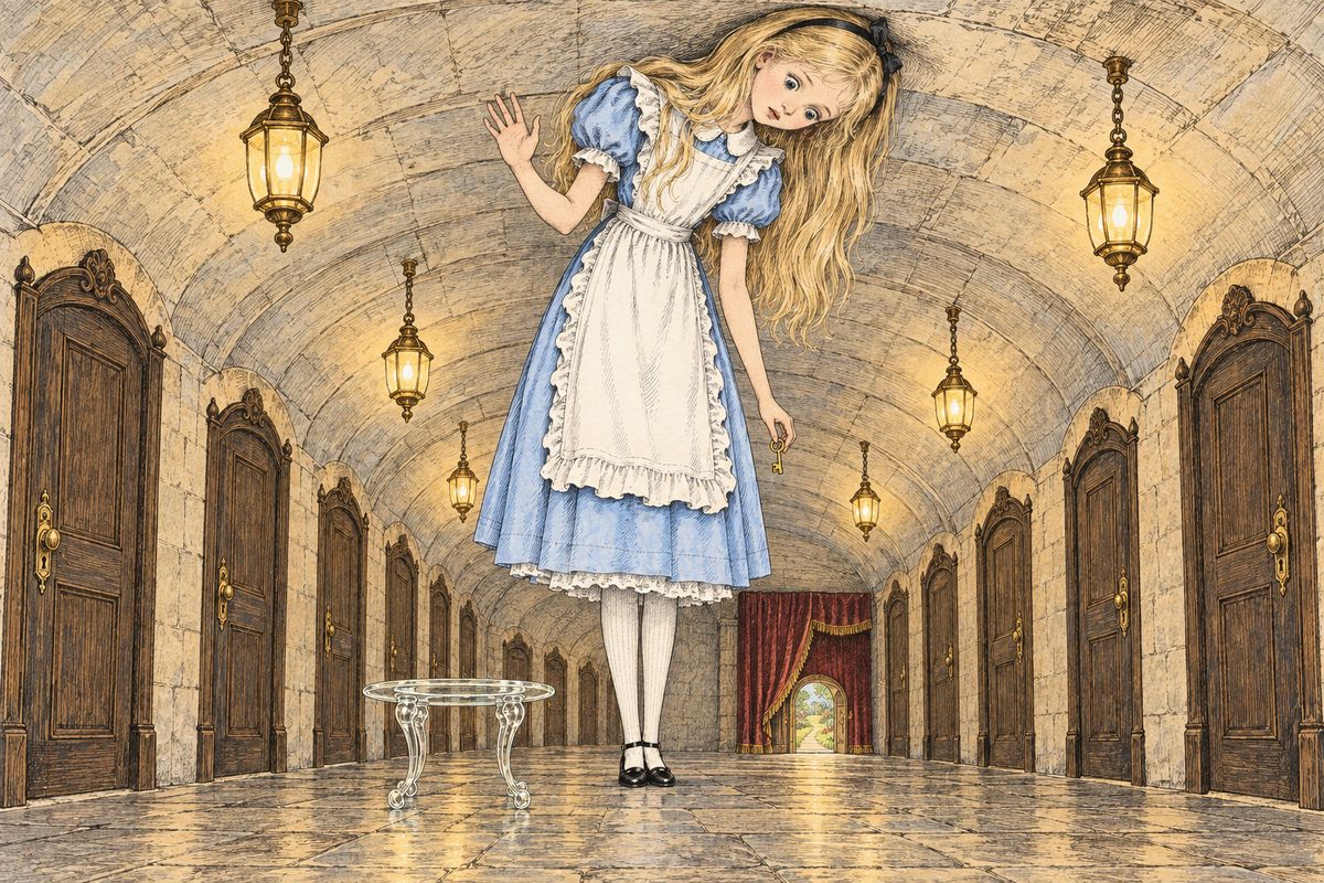 “Curiouser and curiouser!” cried Alice, as she opened out like the largest telescope that ever was, until her head struck the roof of the hall. Her feet seemed so far off that she bid them good-bye and planned to send them a new pair of boots every Christmas, by the carrier.