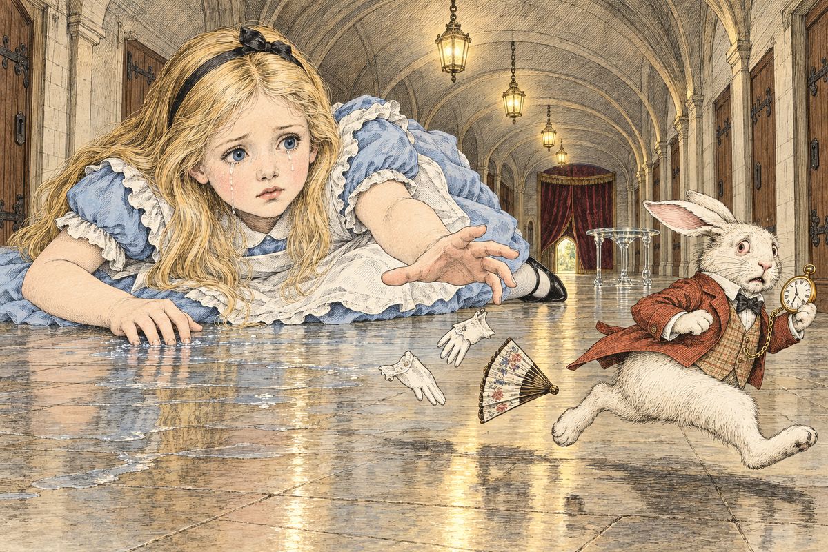Too big for the little door, Alice sat down and cried gallons of tears, until a pool four inches deep spread half down the hall. Then the White Rabbit came trotting back, splendidly dressed. At her timid “If you please, sir—” he started violently, dropped his white kid gloves and fan, and skurried away into the darkness.