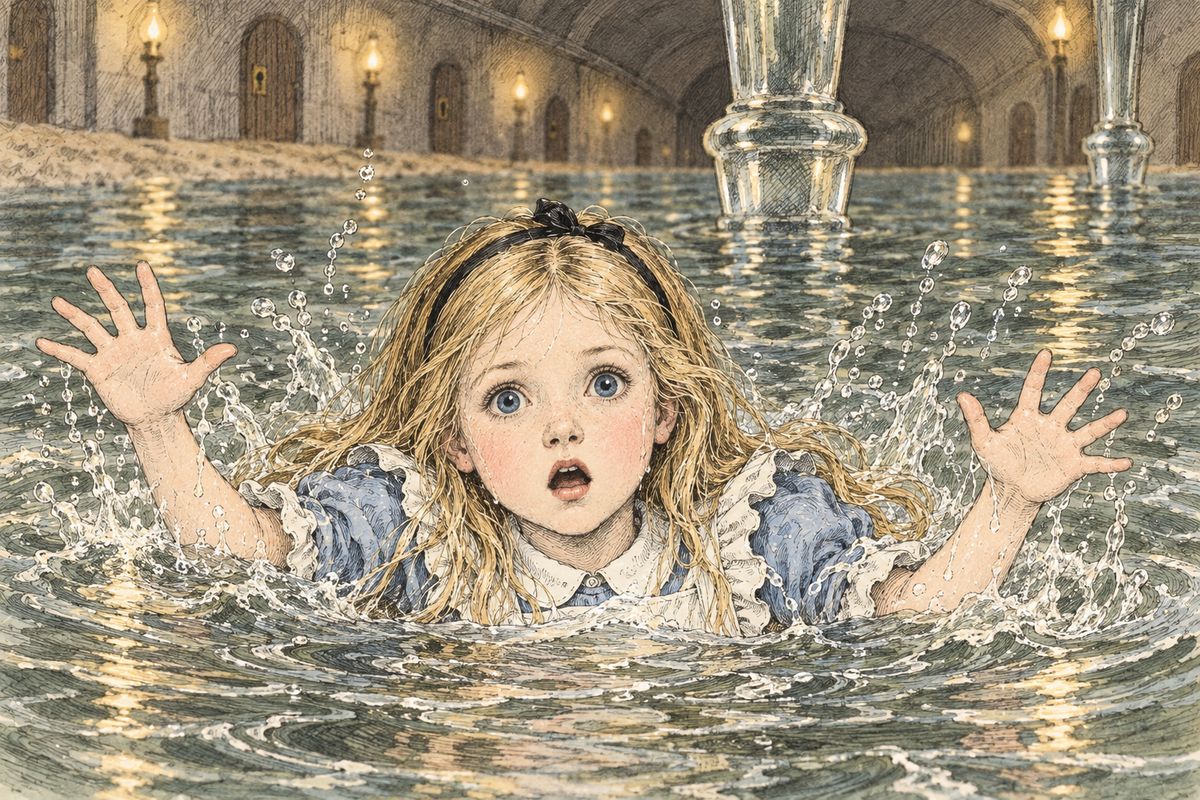 Fanning herself, Alice wondered who in the world she was—perhaps dull Mabel?—for her times tables and even “How doth the little crocodile” came out all wrong. Then she saw she was shrinking fast, and dropped the fan just in time. But her foot slipped, and splash! she was up to her chin in salt water.