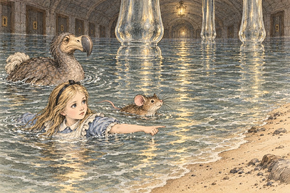 Swimming about, Alice met a Mouse and tried French: “Où est ma chatte?” Her chatter about her cat Dinah and a rat-catching terrier set him bristling, until he offered to tell his history on shore. By now the pool was crowded with a Duck, a Dodo, a Lory, an Eaglet and other curious creatures, and Alice led them all to shore.