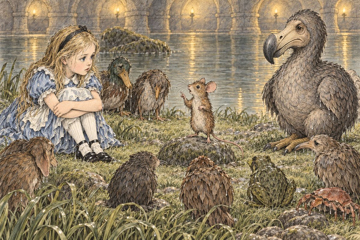 The party that gathered on the bank was dripping wet, draggled, cross and cold. The Mouse, who seemed to be a person of authority, sat them all down in a large ring and began a long, dull history lesson. "This is the driest thing I know!" it announced grandly, but Alice stayed as wet as ever.