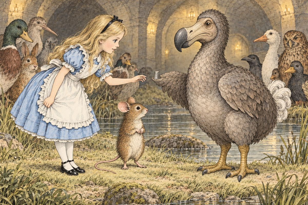 So the Dodo held a Caucus-race: everyone ran round a rough circle, starting and stopping whenever they liked, until they were all dry. "Everybody has won, and all must have prizes," the Dodo declared. Alice handed round her comfits, one apiece, and then the Dodo solemnly presented her own thimble back to her as her prize.