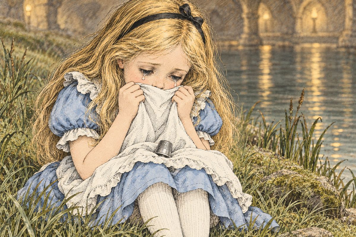 When Alice mixed up the Mouse's long, sad tale with its long tail, it walked off offended. Then she praised her cat Dinah for catching mice and birds, and the others hurried away with polite excuses. Soon Alice was alone on the bank, crying. "I wish I hadn't mentioned Dinah!" she said to herself sadly.