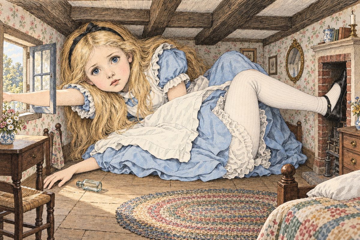 The White Rabbit took Alice for his housemaid, Mary Ann, and sent her running for his gloves and fan. In his little house she found them, but she also found a bottle with no label, and she drank. She grew and grew until she had to put one arm out of the window and one foot up the chimney.