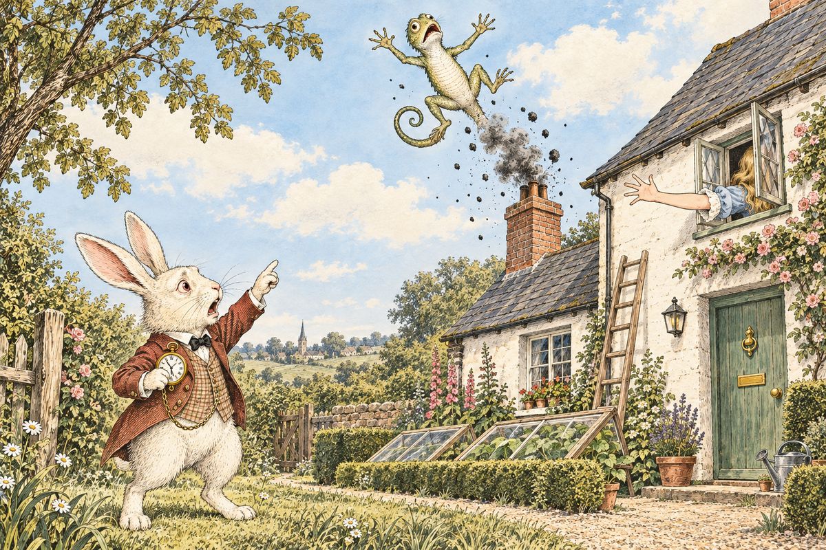 When the Rabbit tried the window, Alice snatched at the air, and he tumbled into a cucumber-frame with a crash of glass. After much arguing about ladders, the animals sent poor Bill the Lizard down the chimney. Alice gave one sharp kick, and up he went like a sky-rocket, while everyone cried, "There goes Bill!"
