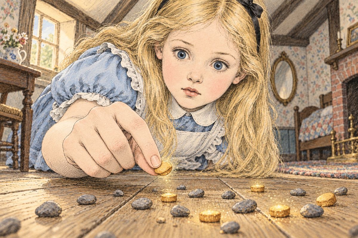 The animals threw in a barrowful of pebbles, but as they lay on the floor they turned into little cakes. "It can't possibly make me larger," Alice reasoned, and swallowed one. She shrank at once, slipped out of the door past the crowd of animals, and ran off into a thick wood.