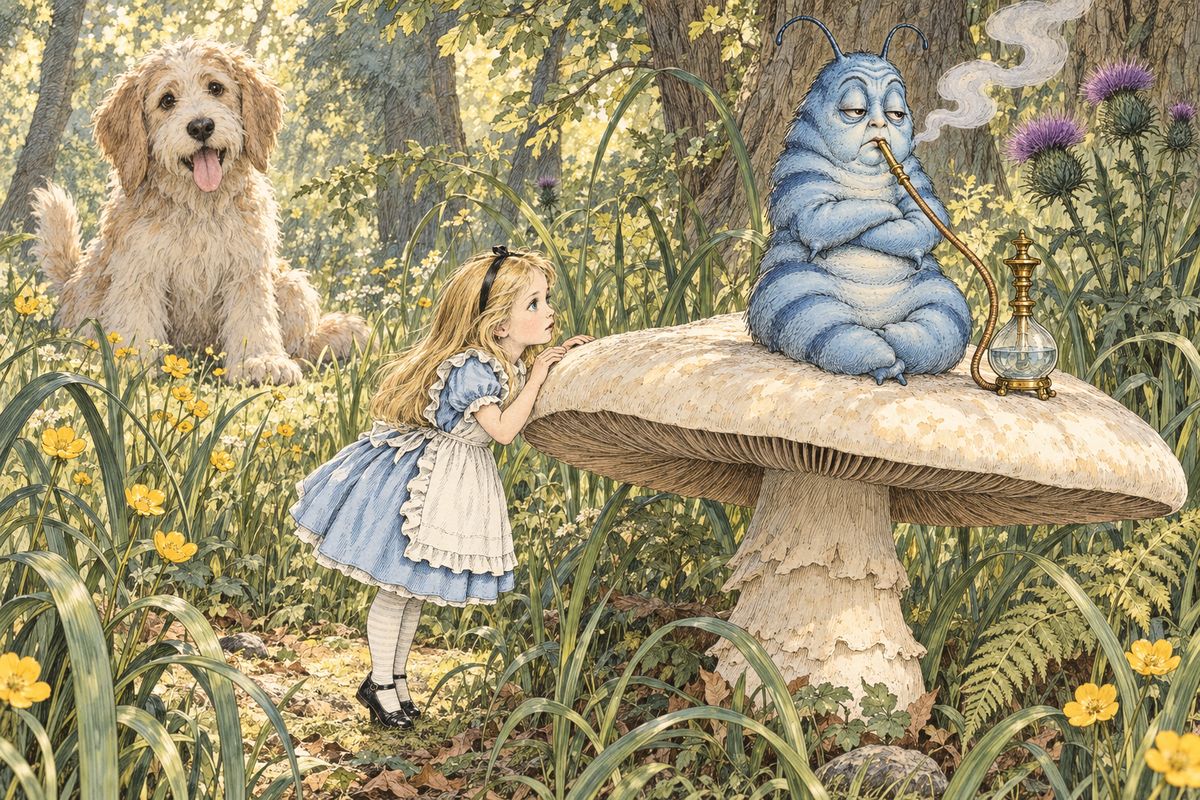 Alice escaped an enormous puppy by throwing it a stick and dodging behind a thistle until it sat down, panting. Then, looking for something to make her grow, she stood on tiptoe and peeped over the top of a large mushroom. There sat a large blue Caterpillar, arms folded, quietly smoking a long hookah.