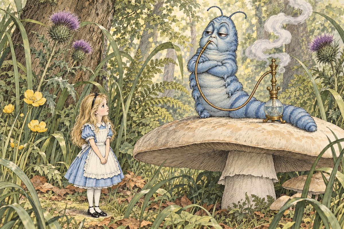On top of a tall mushroom sat a large blue Caterpillar, smoking a hookah. "Who are YOU?" he asked sleepily. Alice hardly knew, having changed size so often since morning, and when she recited 'You are old, Father William,' it came out wrong from beginning to end. Worse, she called three inches a wretched height, and he was exactly three inches high.