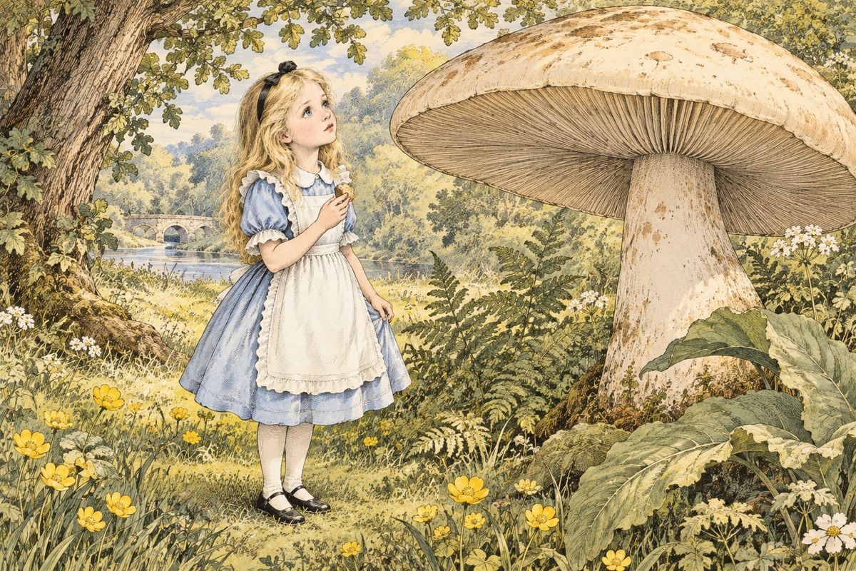 At the Caterpillar’s advice, Alice nibbled opposite sides of the mushroom: one made her grow taller, the other smaller. She tried a piece and began to shrink, watching the flowers and grass loom around her.