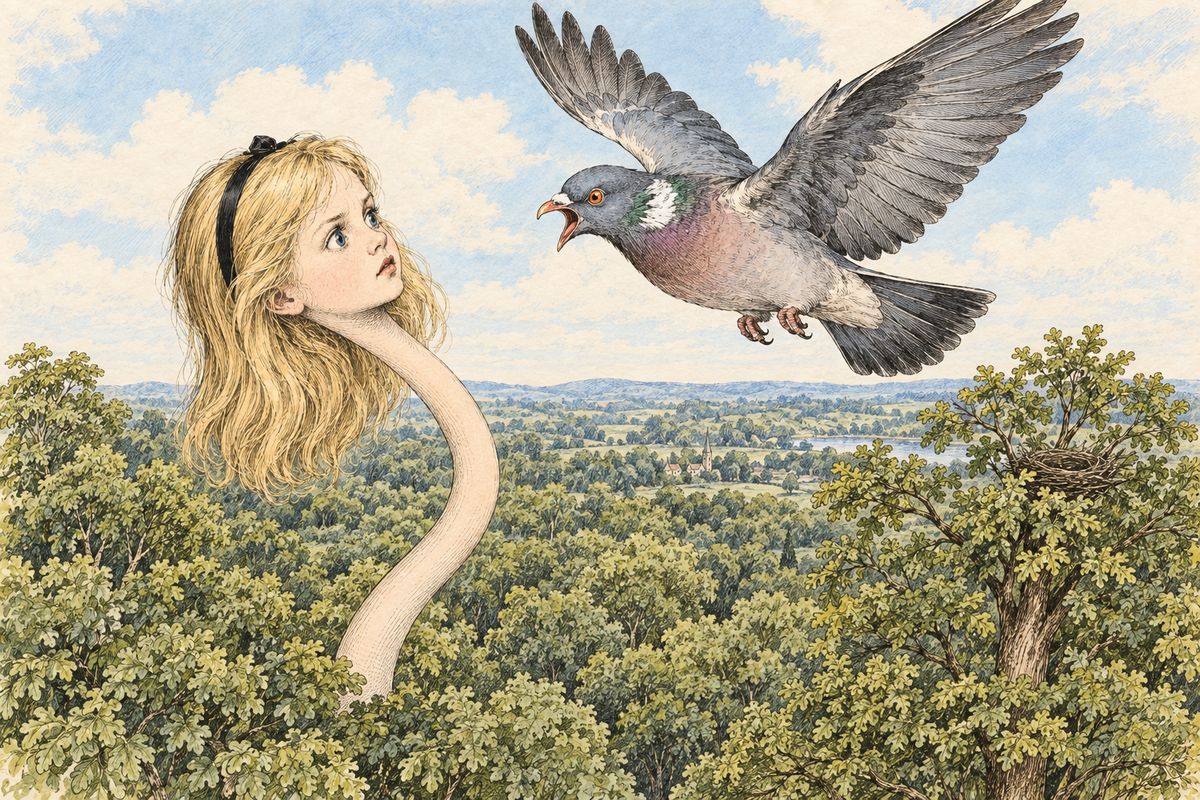 A bite of the other piece shot her head up and up until her neck rose like a stalk high above the trees. As she curved it down among the leaves, a Pigeon flew at her face, beating its wings. "Serpent!" it shrieked, and it would not believe she was a little girl, since she must be after its eggs.