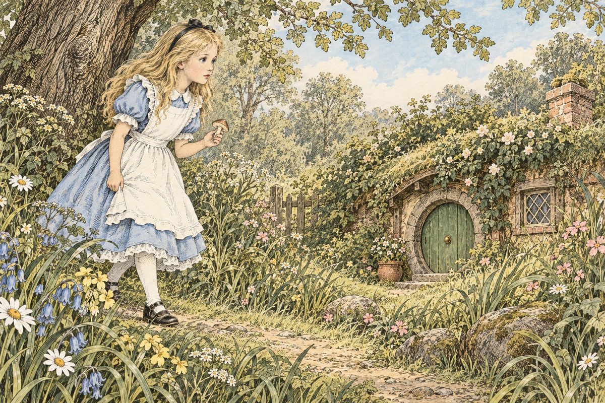 With a piece of mushroom in her hand, Alice wandered through a sunny clearing and found a quaint little house nestled among the flowers. She leaned forward, wondering who lived behind its round green door.