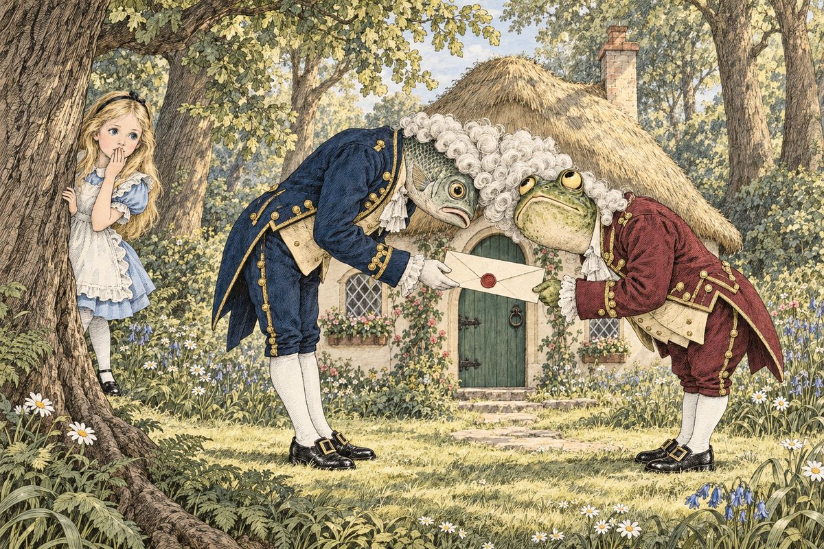 Standing near the little house in the wood, Alice watched a footman who looked like a fish hand a huge letter to a footman who looked like a frog. It was the Queen's invitation to play croquet. Then they both bowed low, and their curly wigs got tangled together. Alice laughed so hard she had to hide among the trees.