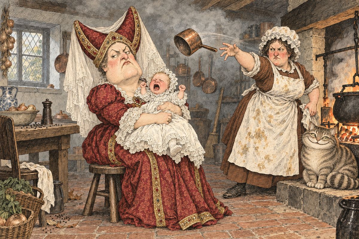Nobody answered her knock, so Alice let herself in. The kitchen was so full of pepper that everyone sneezed except the cook and a large cat, grinning from ear to ear on the hearth. The Duchess nursed a howling baby, singing it a very rough lullaby, while the cook flung pans and dishes at them both.