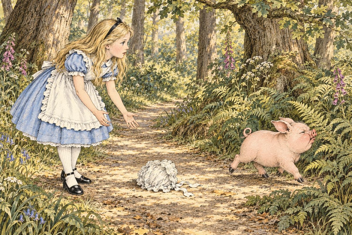 The Duchess flung the baby at Alice and hurried off to get ready for croquet. Alice carried the queer little thing out into the wood, but it grunted, and its nose looked more and more like a snout. At last it was nothing but a pig, so she set it down and watched it trot happily away among the trees.