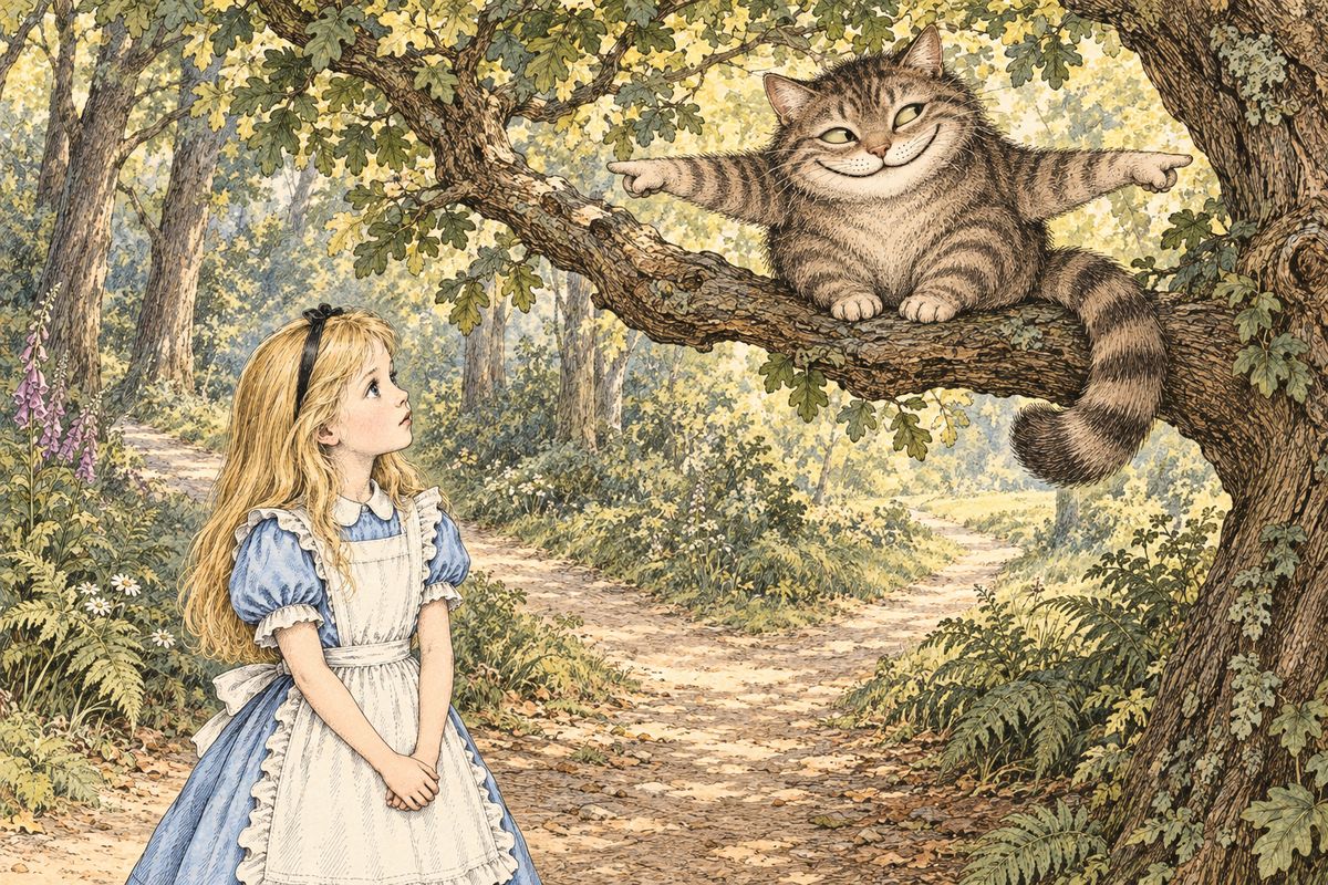 Just then Alice saw the Cheshire Cat grinning on a bough. When she asked which way to go, it waved one paw toward a Hatter and the other toward a March Hare. "Visit either you like: they're both mad," it said. "We're all mad here. I'm mad. You're mad — or you wouldn't have come here."