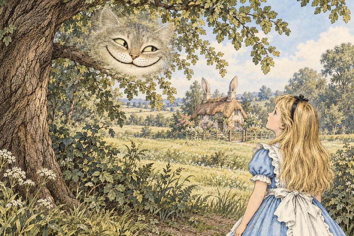 The Cat kept vanishing and reappearing until Alice felt giddy, so this time it faded slowly, tail first, until only its grin hung in the air. "A grin without a cat!" thought Alice. Soon she came to the March Hare's house, with ear-shaped chimneys and a roof thatched with fur, and walked toward it rather timidly.