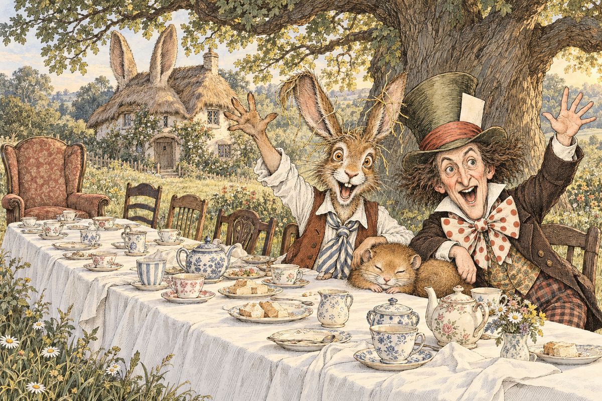 Under a tree in front of the March Hare's house, a long table was set for tea. The March Hare and the Hatter sat crowded at one corner, using a sleeping Dormouse as a cushion for their elbows. "No room! No room!" they cried when they saw Alice coming.