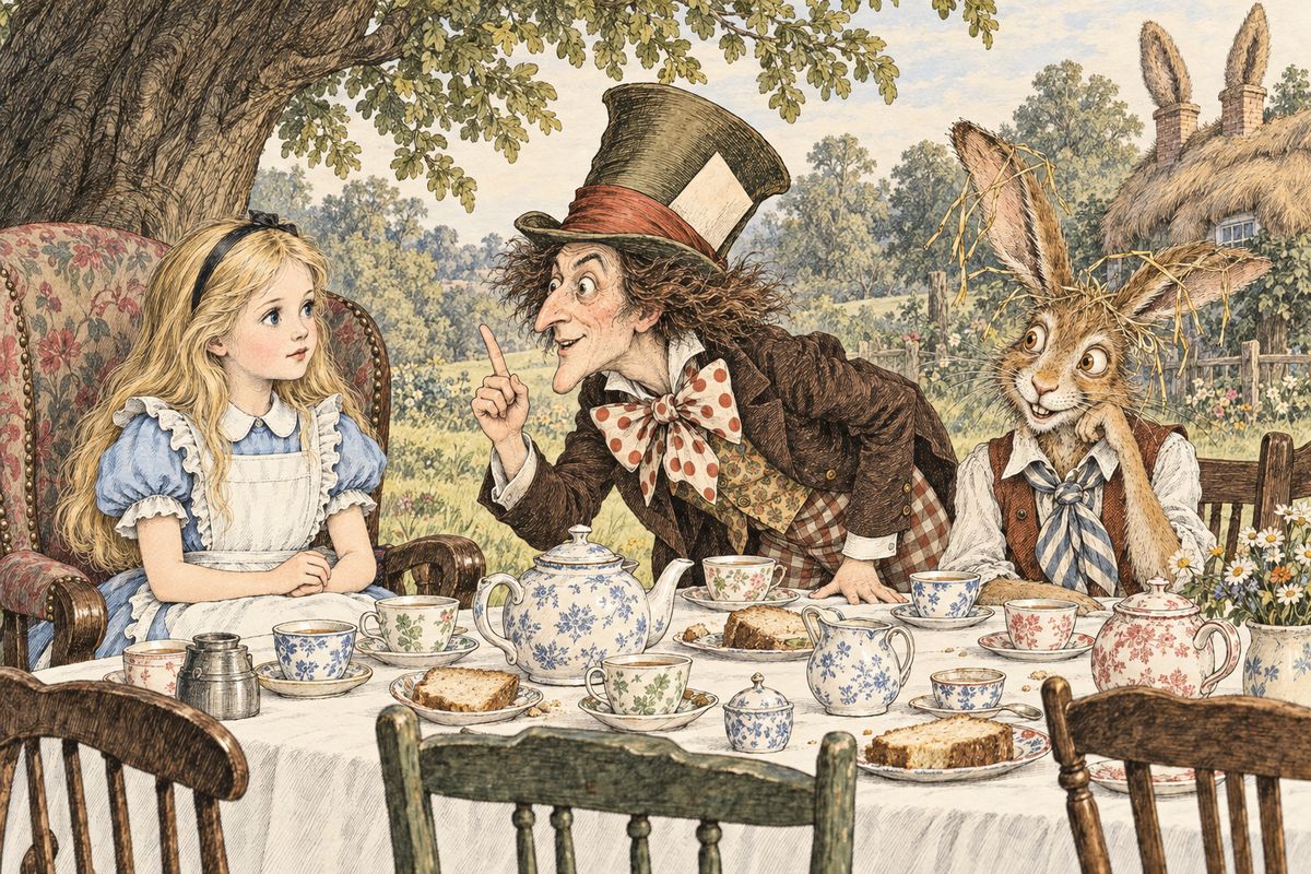 Alice sat down in a large arm-chair anyway. The March Hare offered her wine, though there was nothing on the table but tea, and after some rude talk about her hair, the Hatter opened his eyes very wide and asked, "Why is a raven like a writing-desk?"