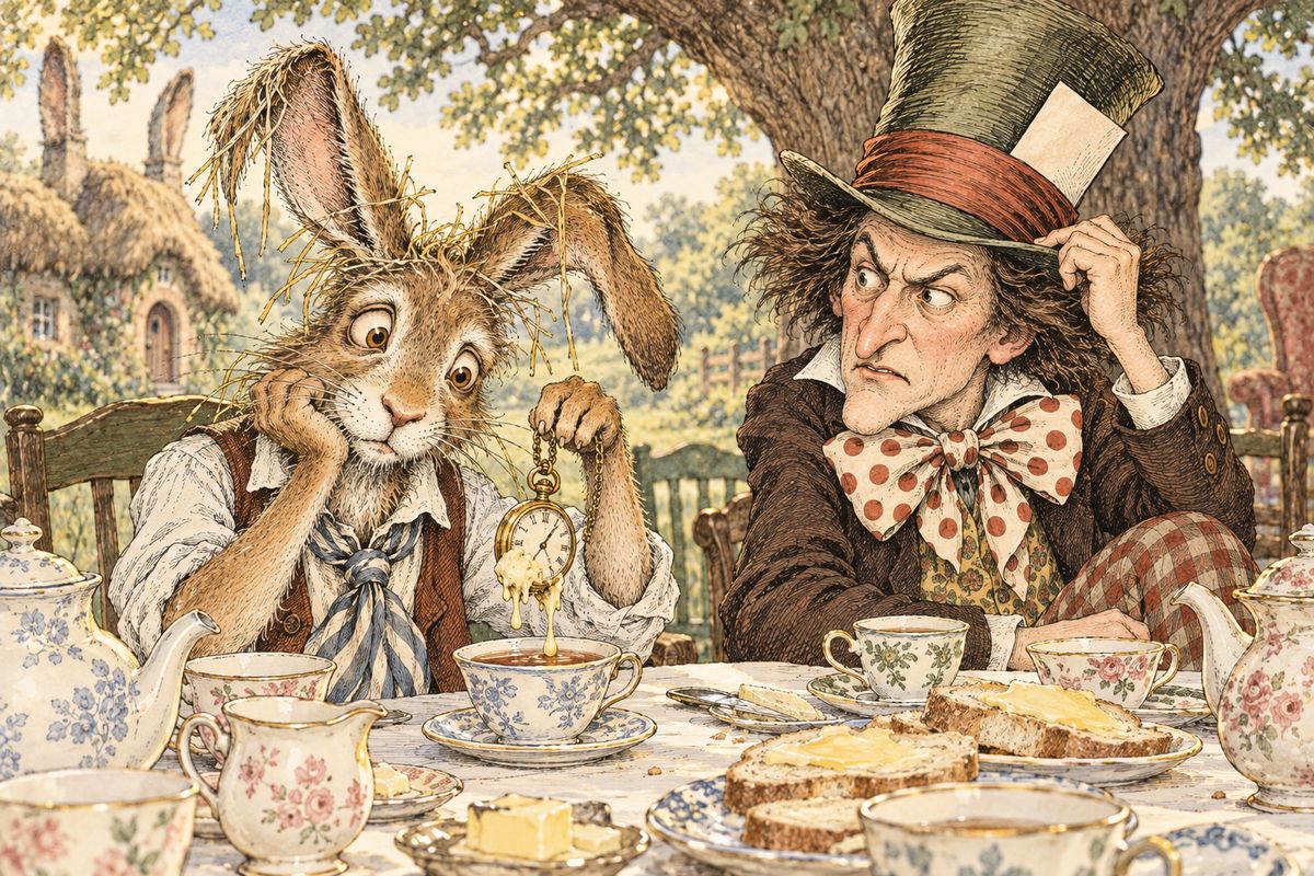Nobody knew the riddle's answer. The Hatter's watch told the day of the month, and it was two days wrong, because the March Hare had put butter in the works. The Hatter explained that he had quarrelled with Time, so now it was always six o'clock. It was always tea-time, and they kept moving round the table to clean cups.