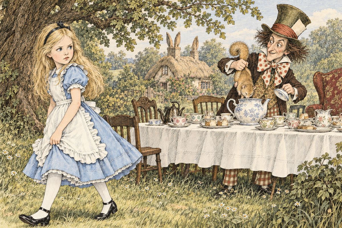 The Dormouse was woken to tell a story about three little sisters who lived on treacle at the bottom of a treacle-well. But the Hatter's rudeness was more than Alice could bear, so she walked off in disgust. When she looked back, they were trying to put the Dormouse into the teapot.