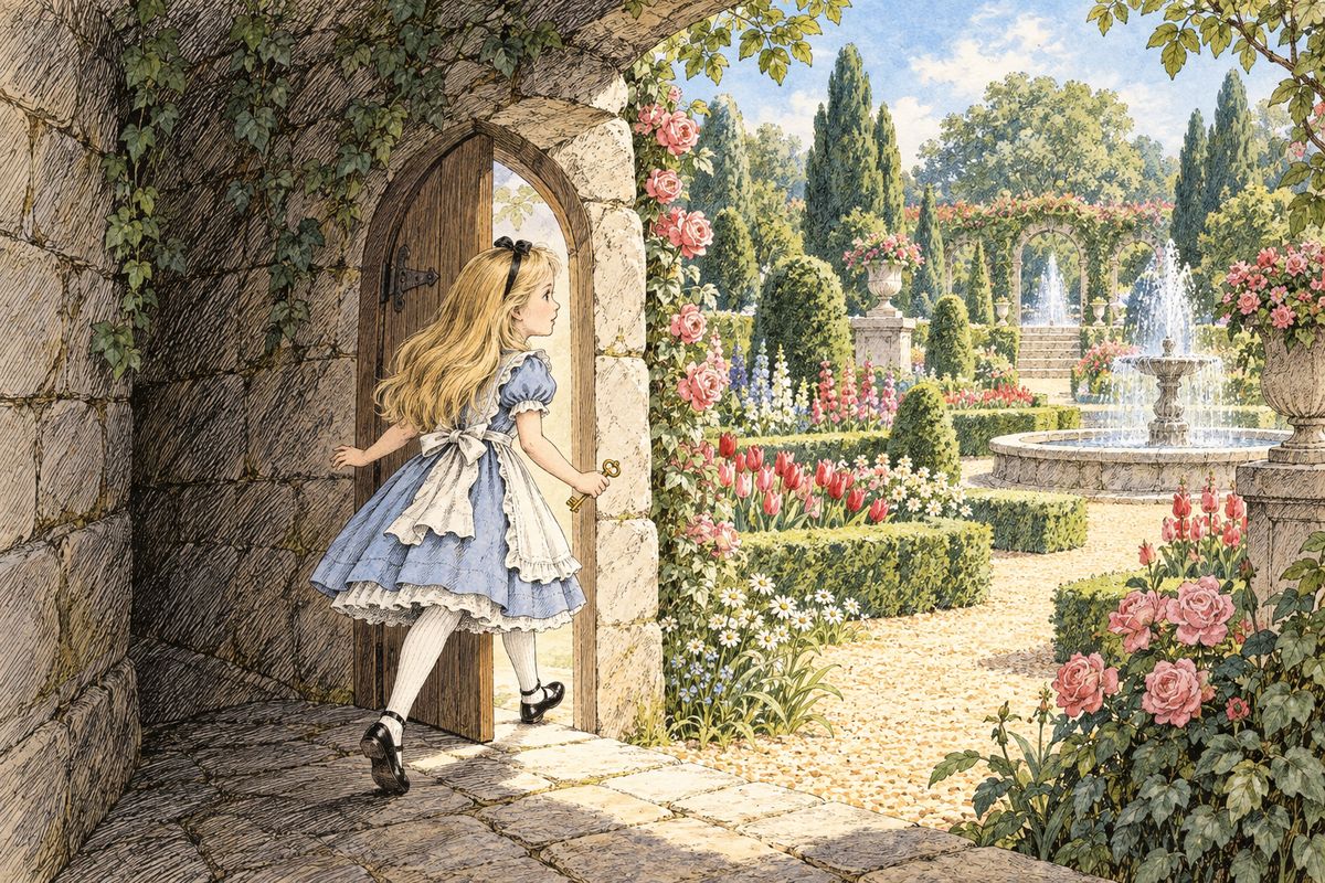 In the wood, Alice found a tree with a door in it, and it took her back into the long hall. This time she got it right. She unlocked the little door with the golden key, nibbled her piece of mushroom until she was a foot high, and stepped at last into the beautiful garden.