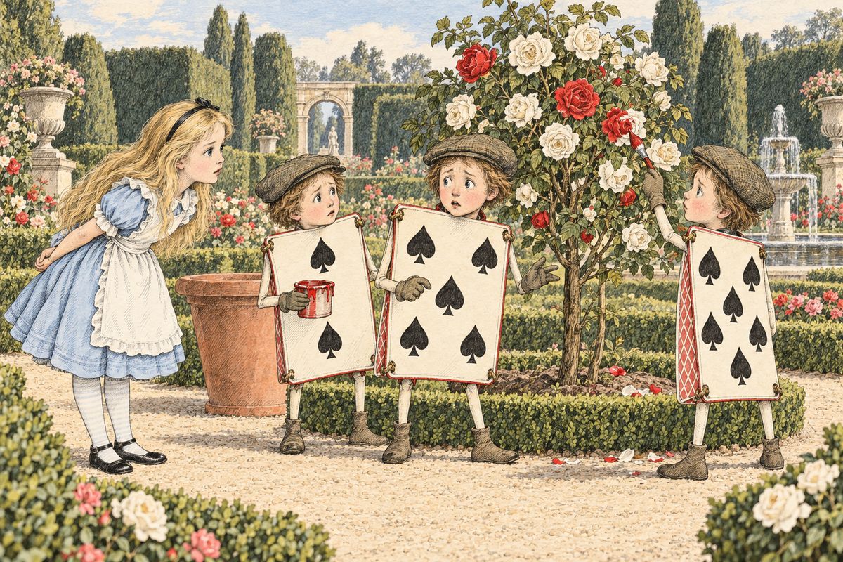 At the entrance of the Queen's garden, Alice found three card gardeners, Two, Five and Seven, busily painting a white rose-tree red. "This here ought to have been a red rose-tree," Two whispered, "and if the Queen was to find it out, we should all have our heads cut off!"