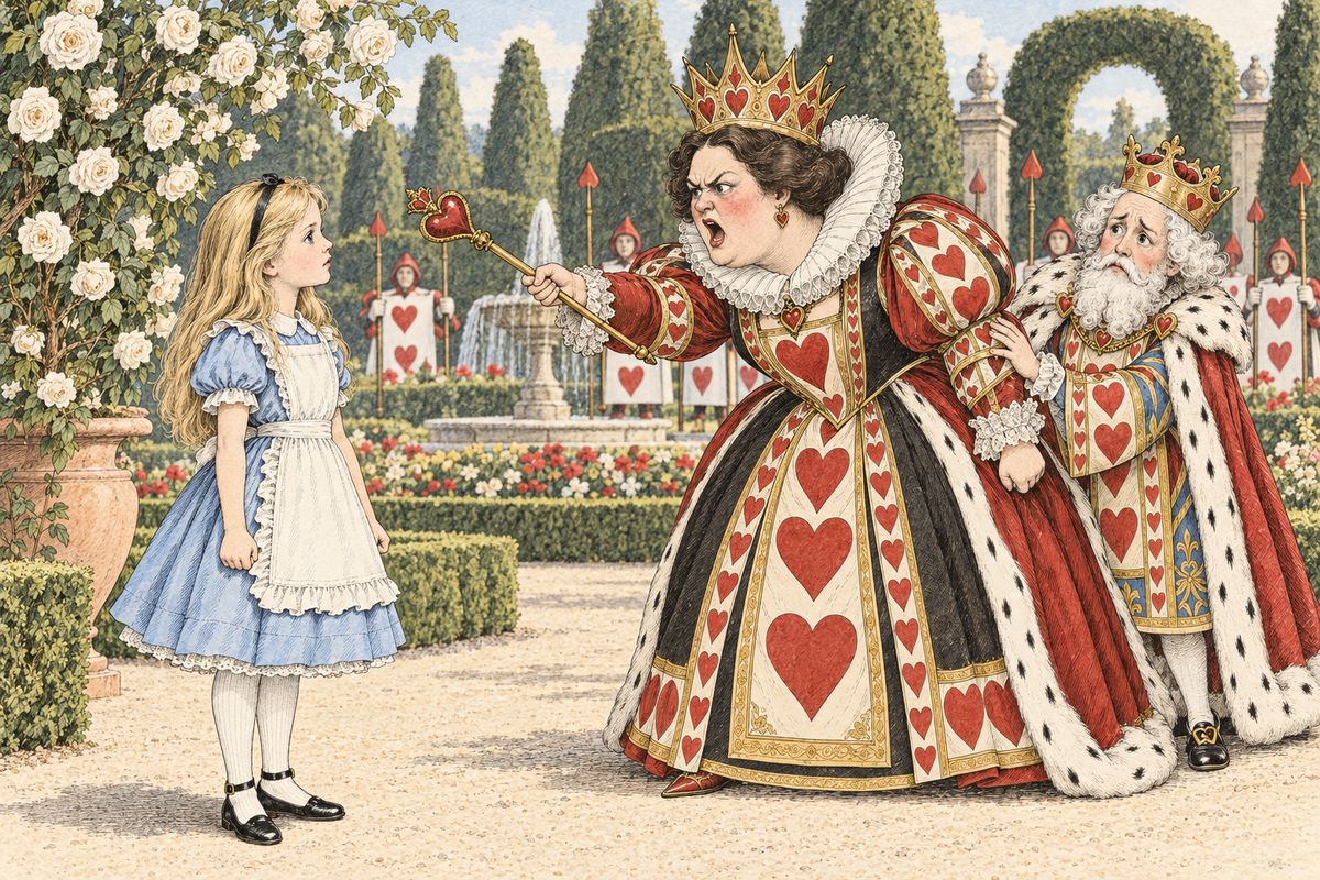 The gardeners flung themselves flat as a grand procession arrived: soldiers, courtiers, the nervous White Rabbit, the Knave carrying the crown, and last of all the King and Queen of Hearts. When Alice answered back boldly, the Queen turned crimson and screamed "Off with her head!" "Nonsense!" said Alice loudly, and the Queen fell silent.