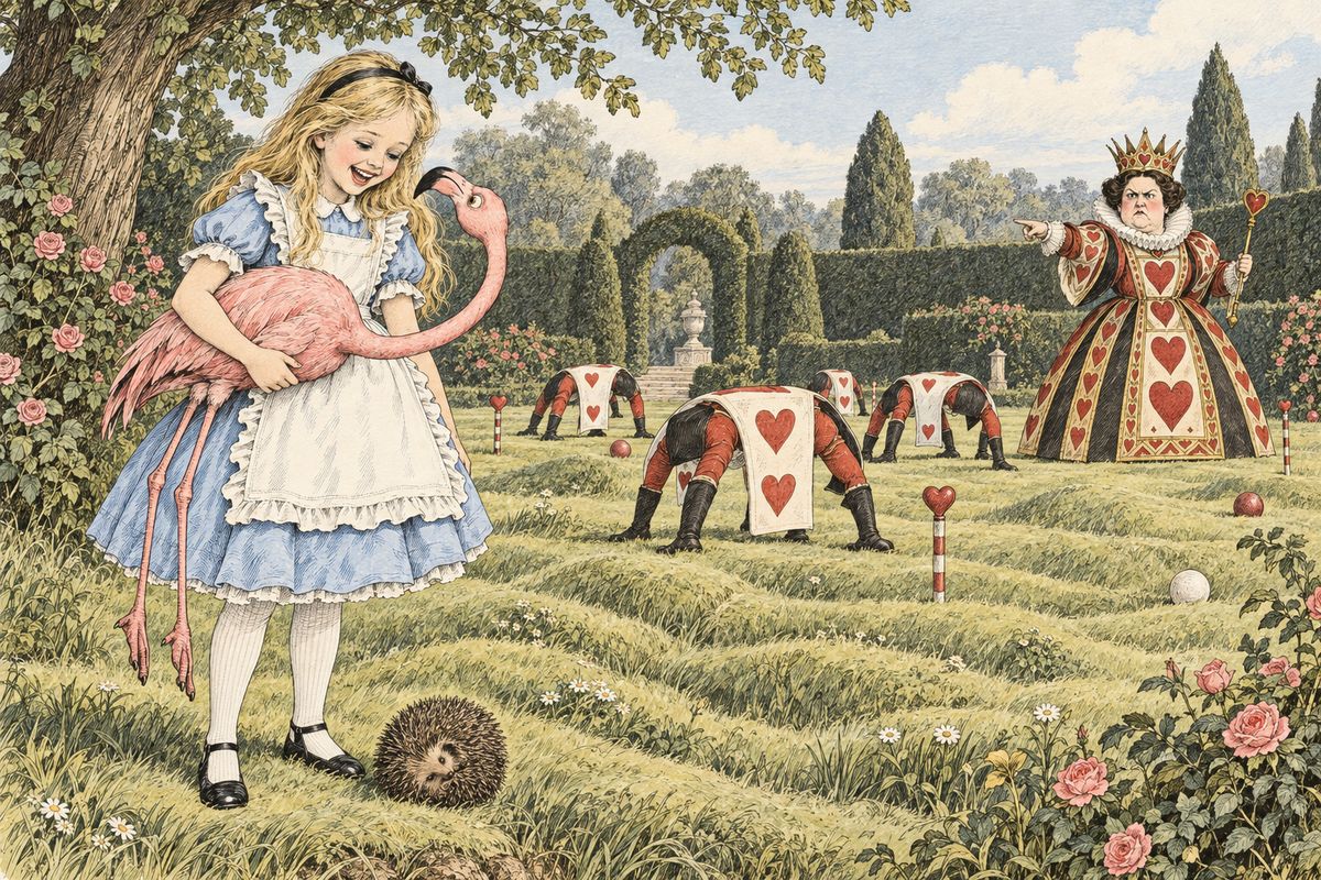 When the Queen ordered the gardeners beheaded, Alice hid them in a large flower-pot, and she was swept off to play croquet. It was the strangest game she had ever seen: the balls were live hedgehogs, the mallets live flamingoes, and soldiers doubled over to make the arches, while the Queen shouted "Off with his head!" about once a minute.
