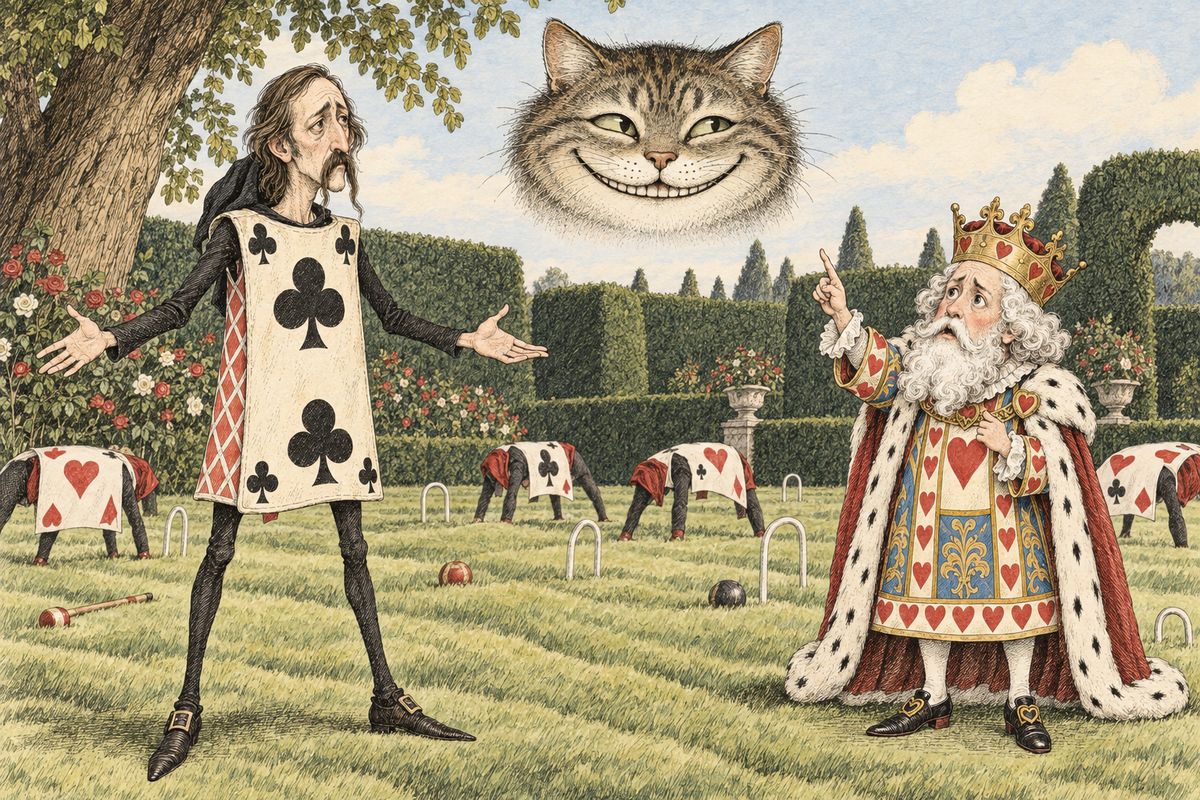 Then the Cheshire Cat's grinning head appeared in the air, and when it refused to kiss the King's hand, the King wanted it beheaded. The executioner argued you couldn't cut off a head with no body; the King said anything with a head could be beheaded; the Queen threatened to execute everybody. While they fetched the Duchess, the Cat's head quietly faded away.