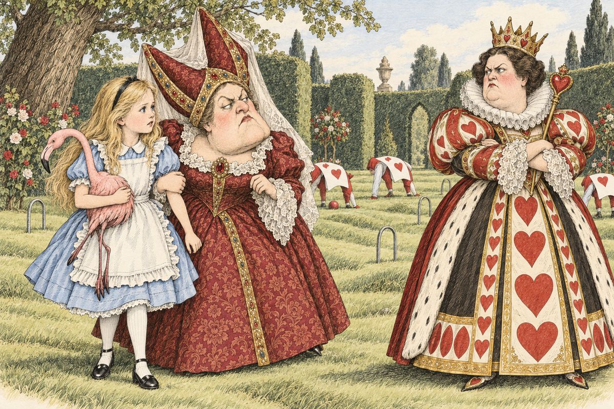 The Duchess, now in a wonderfully good temper, tucked her arm into Alice's and found a moral in everything—"Oh, 'tis love, 'tis love, that makes the world go round!"—digging her sharp little chin into Alice's shoulder. Then her voice died away: the Queen stood before them, frowning like a thunderstorm, and the Duchess vanished in a moment.