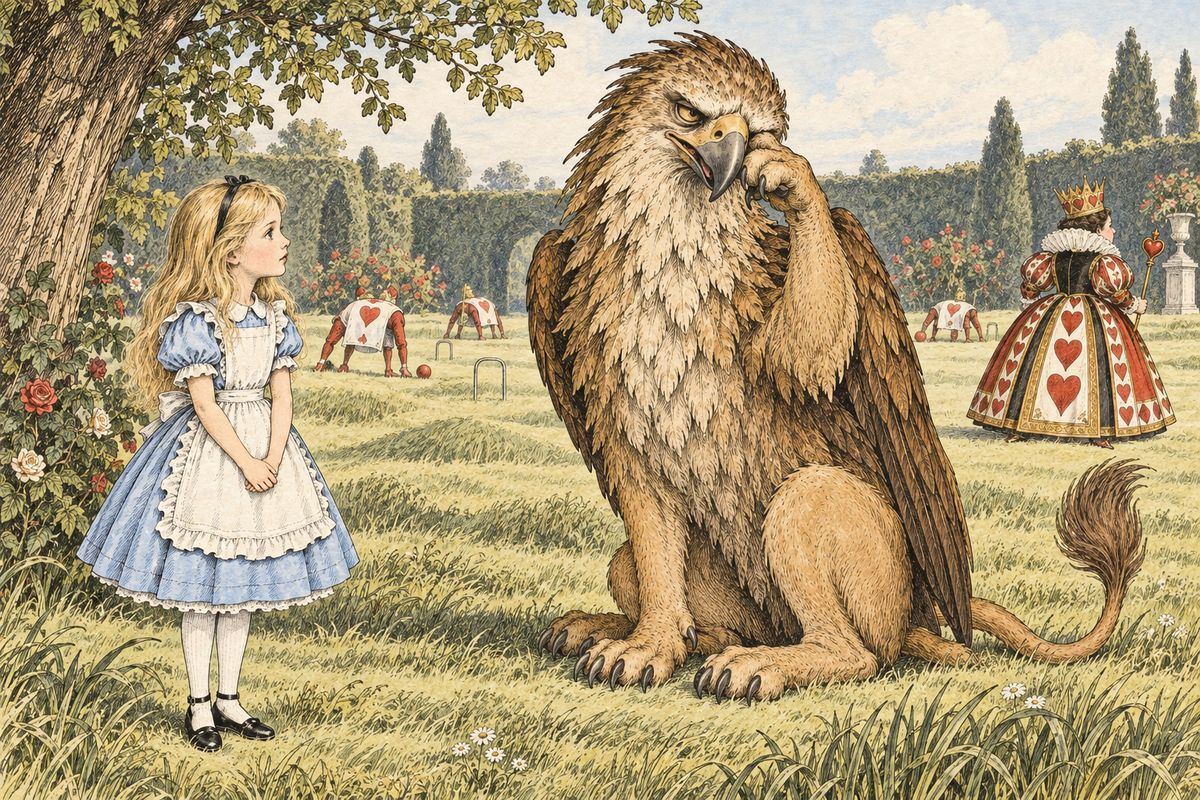 Before long every player but the King, the Queen and Alice was under arrest, yet Alice heard the King murmur, "You are all pardoned." The Queen left her with a Gryphon asleep in the sun. It woke, watched the Queen stamp away, and chuckled: "It's all her fancy, that: they never executes nobody, you know. Come on!"
