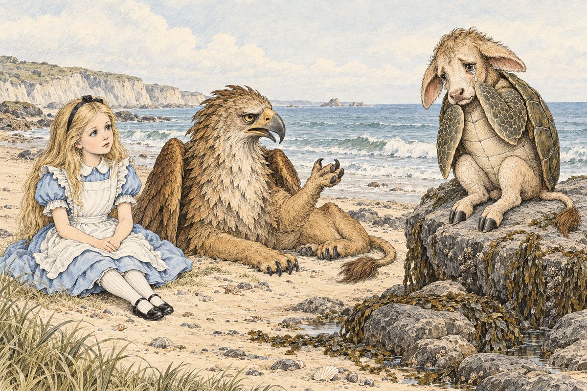 By the sea sat the Mock Turtle, sobbing on his rock. "Once I was a real Turtle," he sighed. At school their master was called Tortoise "because he taught us"; they studied Reeling and Writhing, and lessons began at ten hours a day and dropped by one daily—"because they lessen," the Gryphon explained.