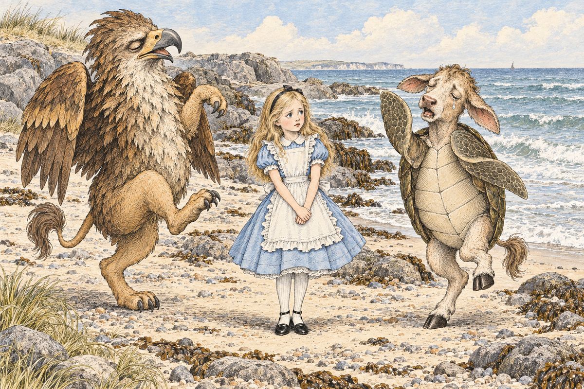 Between sobs, the Mock Turtle and the Gryphon described the Lobster Quadrille, then offered to show Alice the first figure, without lobsters. They danced round and round her very solemnly, now and then treading on her toes and waving their forepaws to keep time, while the Mock Turtle sang slowly and sadly: "Will you walk a little faster?" said a whiting to a snail.