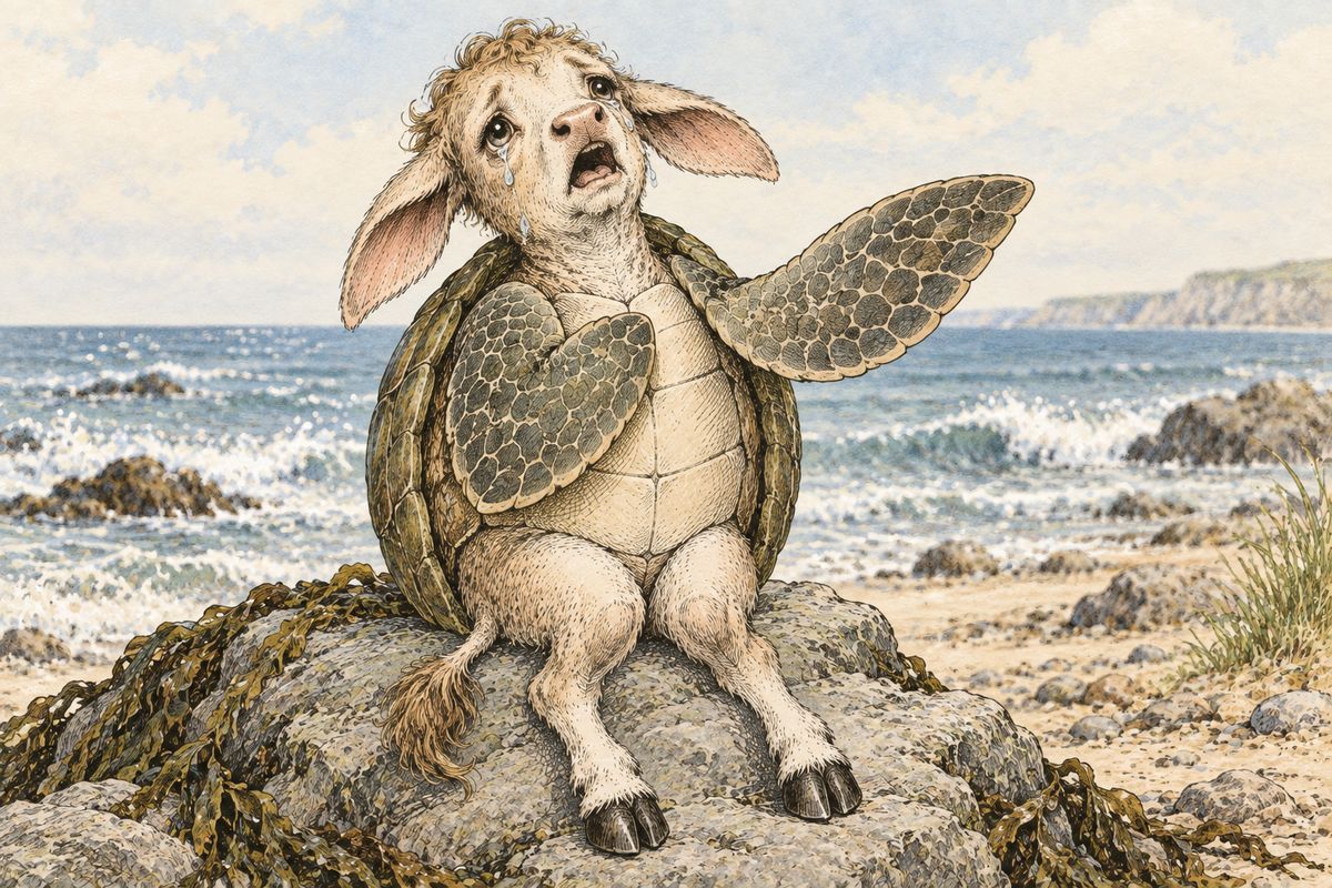Afterward the pair told Alice that under the sea shoes are done with whiting and made of soles and eels, and that no wise fish goes anywhere without a porpoise. Alice's lesson recitation came out all wrong, so she asked for a song instead. The Mock Turtle sighed deeply and sang, choking with sobs: "Beautiful Soup, so rich and green, waiting in a hot tureen!"