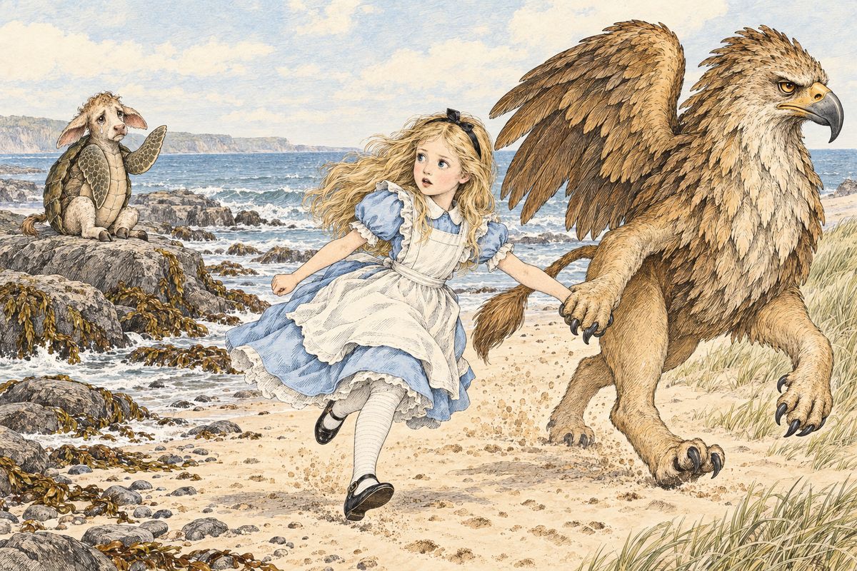 The Gryphon had just cried "Chorus again!" when a shout came from far away: "The trial's beginning!" Taking Alice by the hand, the Gryphon hurried off at once. "What trial is it?" Alice panted, but the Gryphon only ran faster, while the Mock Turtle's sad song grew fainter and fainter on the breeze behind them.