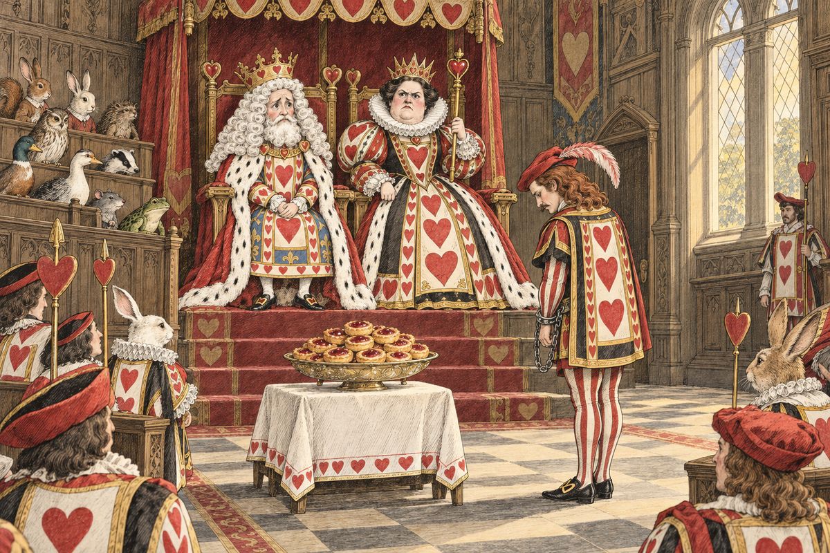 The King and Queen of Hearts sat on their throne in a crowded court, and before them stood the Knave, in chains. In the middle of the room was a large dish of tarts that made Alice quite hungry. She knew the judge by his great wig, though the King wore his crown on top of it and did not look at all comfortable.