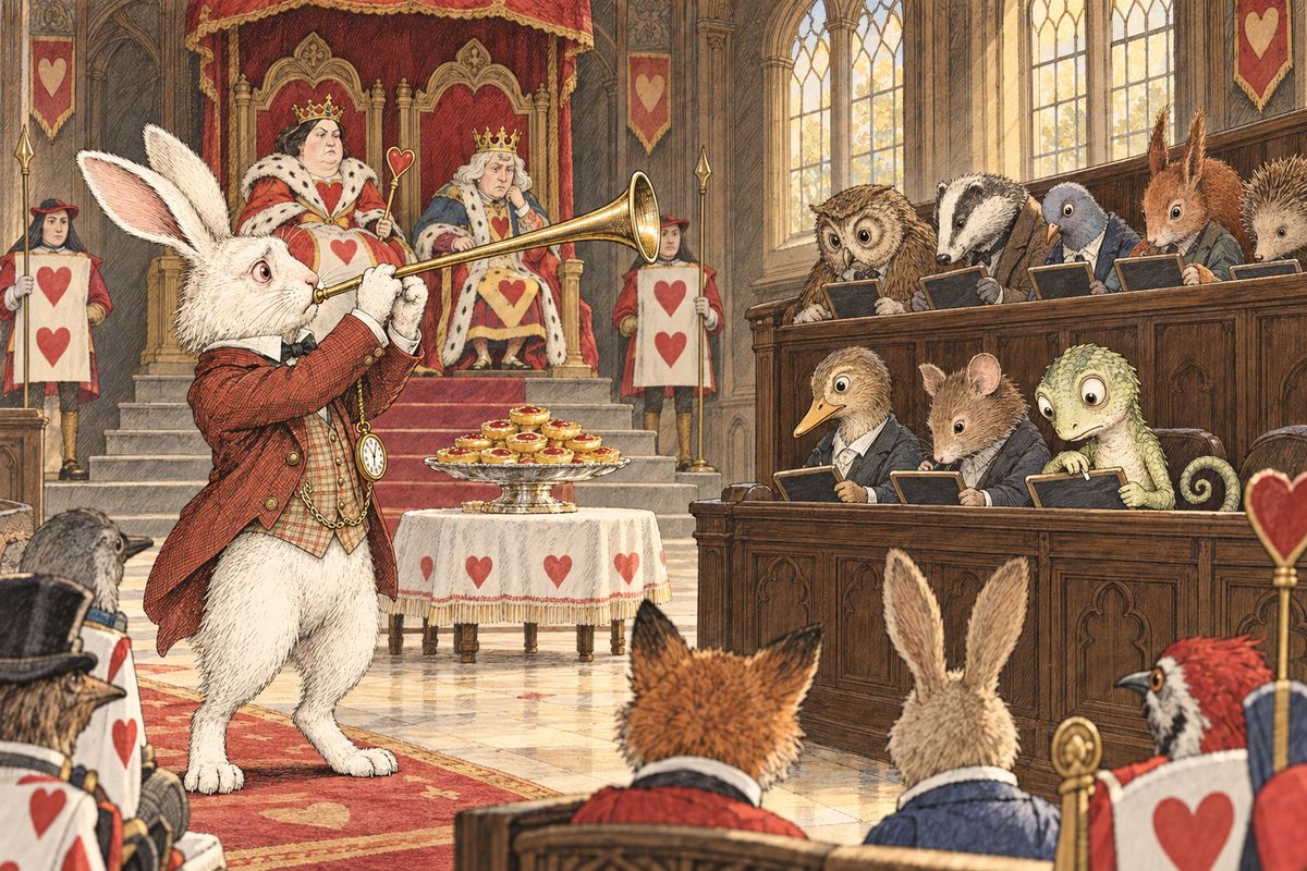 The twelve jurors scribbled busily on slates, writing down their own names so they wouldn't forget them. Alice took away Bill the Lizard's squeaky pencil, so he had to write with one finger, which left no mark. Then the White Rabbit blew three blasts on his trumpet and read the accusation: "The Knave of Hearts, he stole those tarts, and took them quite away!"