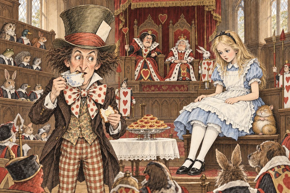 The first witness was the Hatter, who arrived with his teacup and bread-and-butter. With the Queen staring at him, he got so nervous that he bit a large piece out of his teacup. Meanwhile Alice felt herself slowly growing larger, which made the squashed Dormouse move away in a sulk. After muddled evidence, the trembling Hatter shook off his shoes and ran out without them.