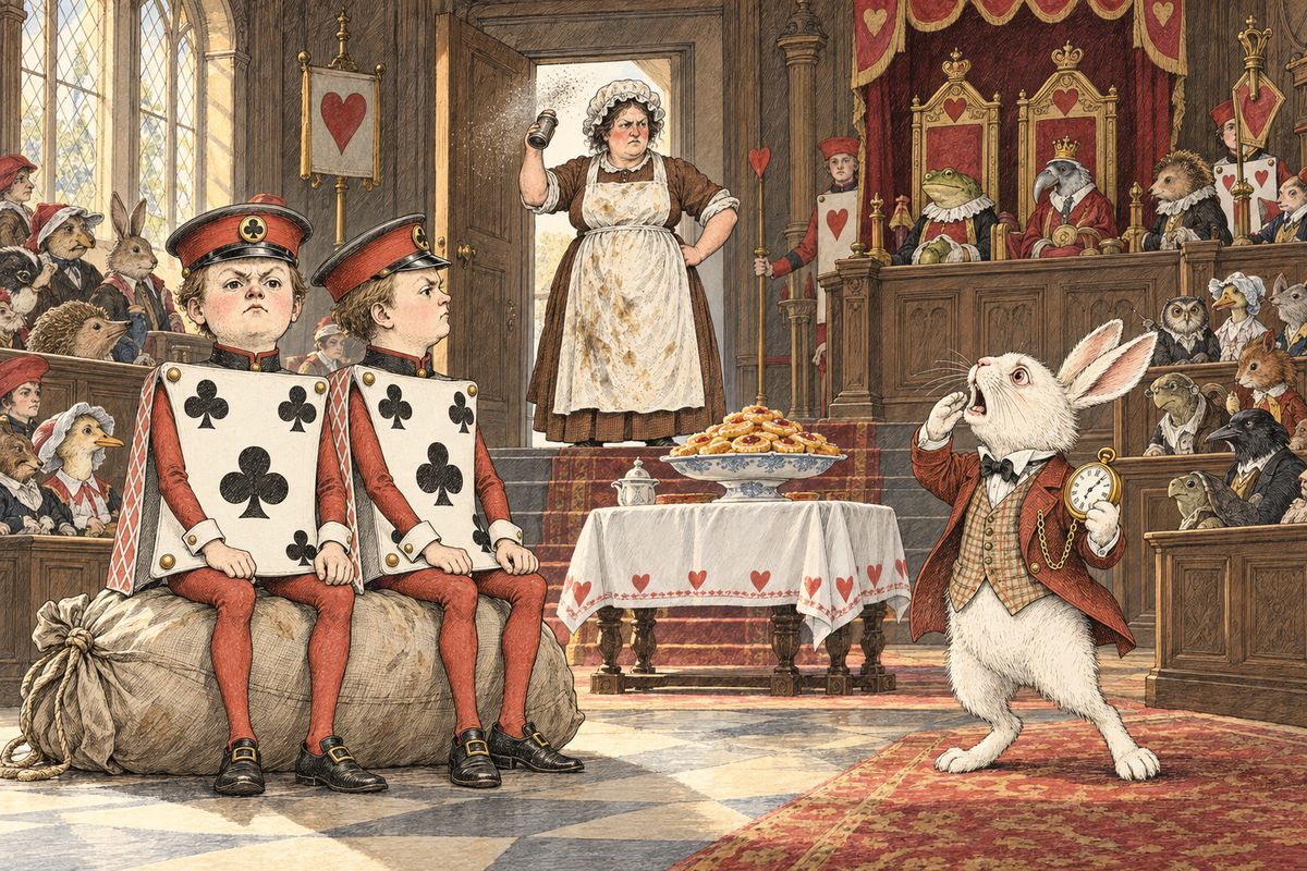 When a guinea-pig cheered, the officers suppressed it by popping it into a canvas bag and sitting on it. Next came the Duchess's cook, whose pepper set the whole court sneezing; she said tarts were made of "Pepper, mostly", then vanished in the uproar. Alice, bigger than ever, wondered who was next, and the White Rabbit shrilly read out the name: "Alice!"