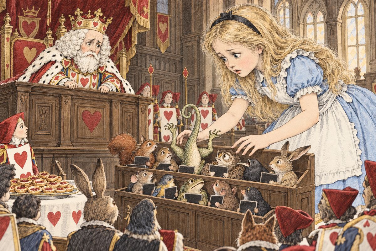 "Here!" cried Alice when her name was called. She had grown so large that she jumped up and tipped over the jury-box with the edge of her skirt, sending the jurymen sprawling. She hurried to put them all back, and in her haste she set poor Bill the Lizard in head downwards, his tail waving sadly in the air.