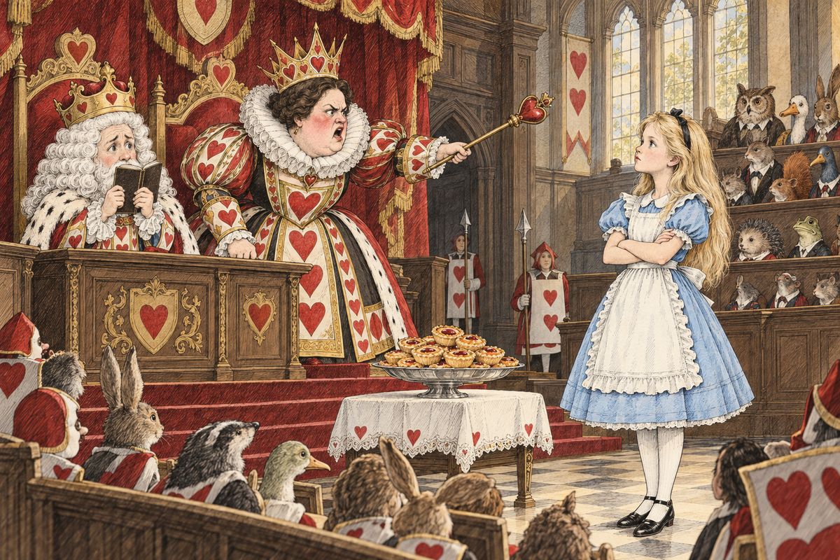 The King read from his note-book: "Rule Forty-two. All persons more than a mile high to leave the court." Alice said it was no proper rule and refused to go. When the jury were told once more to consider their verdict, the Queen cried, "Sentence first, verdict afterwards!" "Stuff and nonsense!" said Alice loudly.