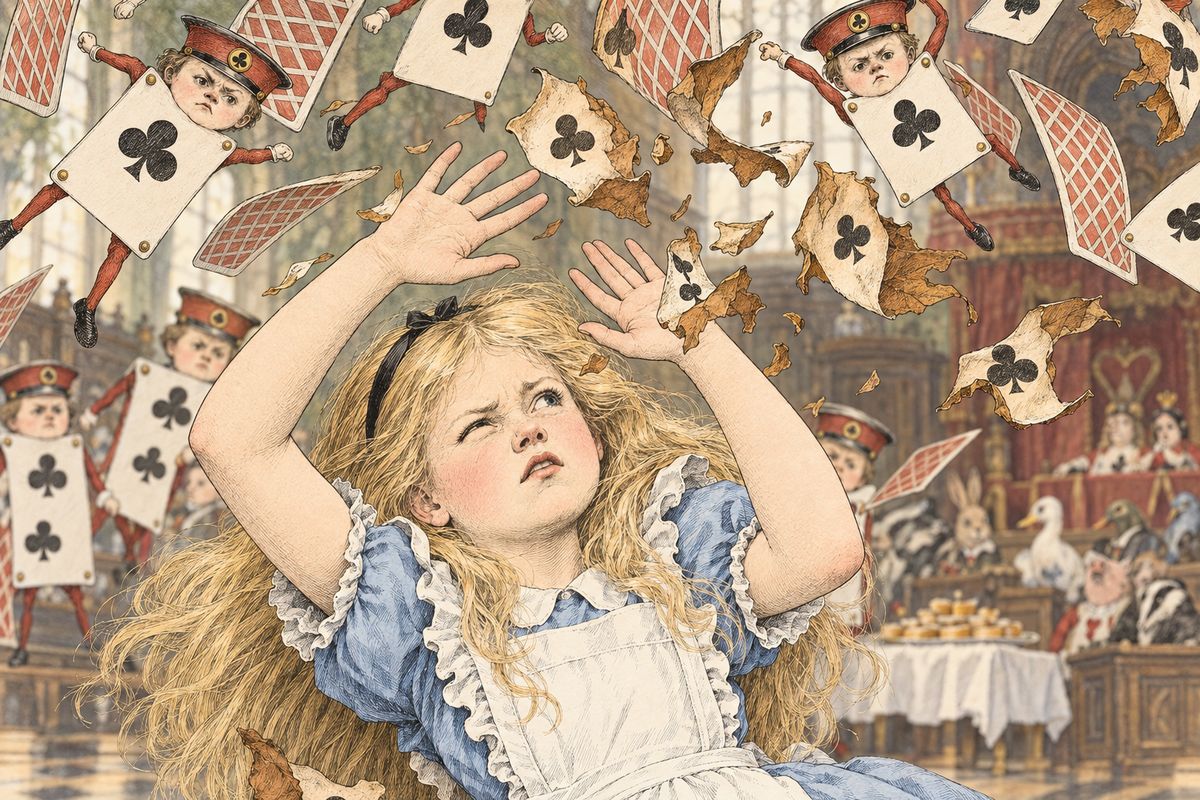 "Off with her head!" shouted the Queen, but nobody moved. "Who cares for you?" said Alice, now her full size again. "You're nothing but a pack of cards!" At that the whole pack rose into the air and came flying down on her. Alice screamed and tried to beat them off, and found herself lying on the riverbank with her head in her sister's lap.
