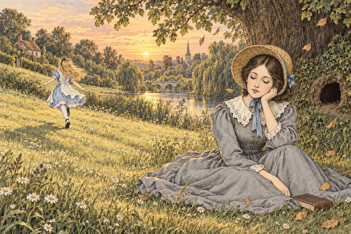 Her sister brushed the leaves from her face, and Alice told her all about her curious dream before running in to tea. Her sister stayed on the bank in the sunset and half dreamed of Wonderland herself. She pictured little Alice grown up one day, still with her loving childlike heart, telling strange tales like this one to children of her own.