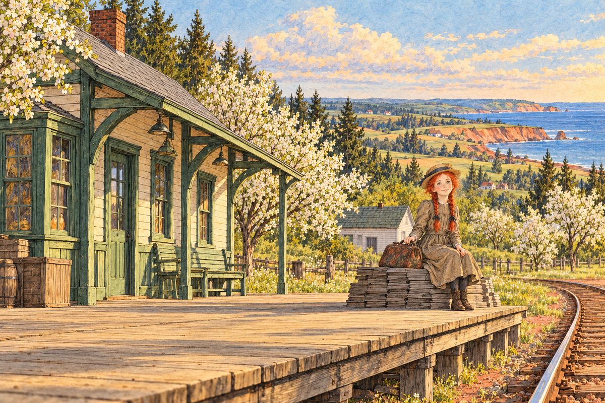 Eight miles away, the train had come and gone. At the far end of the empty platform, on a pile of shingles, sat a thin, freckled girl with two red braids and a shabby carpet-bag, waiting with all her might for someone to come for her.