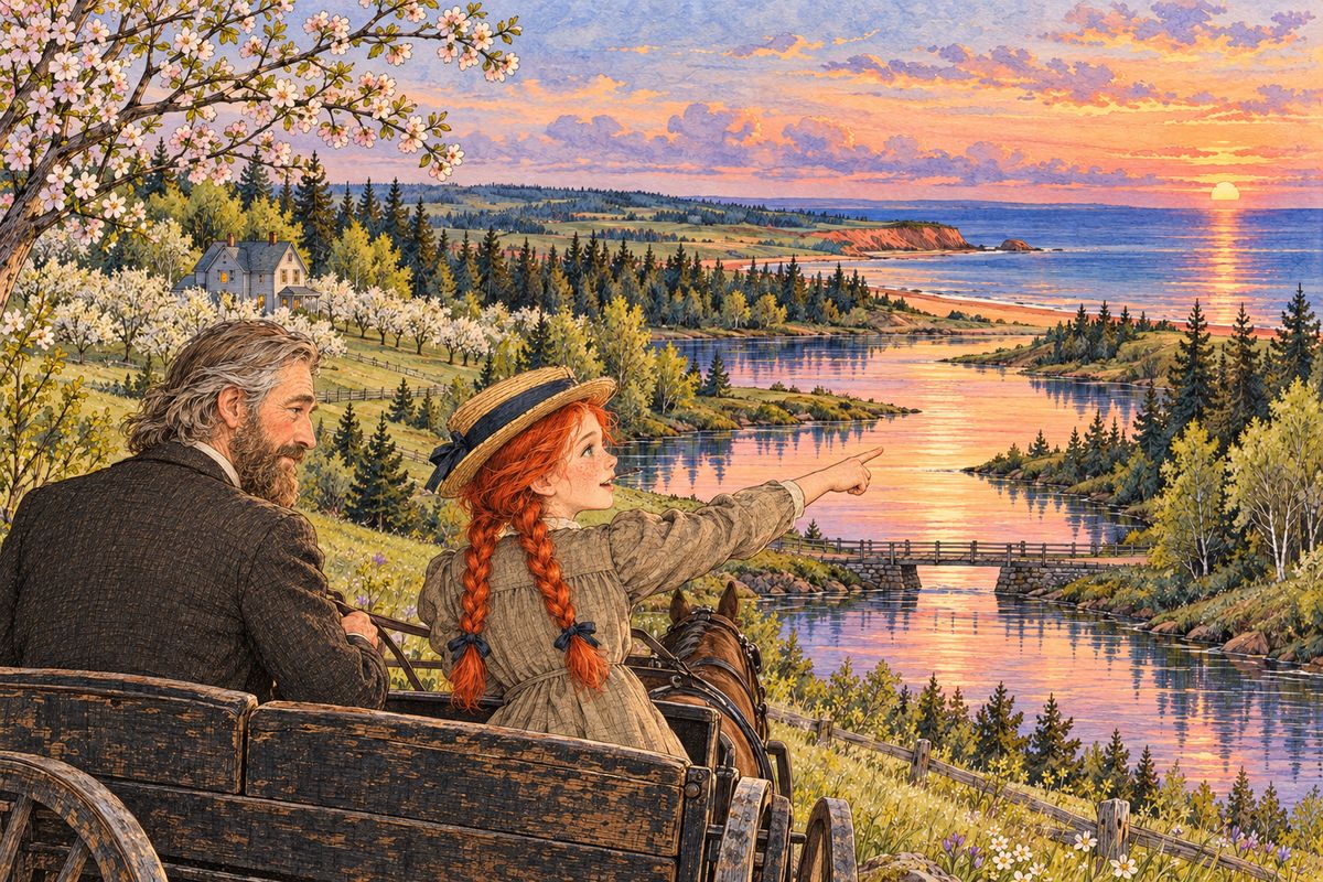 From the crest of a hill they saw a long, winding pond glowing with sunset colours. "That's Barry's pond," said Matthew. Anne renamed it the Lake of Shining Waters, and as they rumbled over the bridge she bade it a solemn good night.